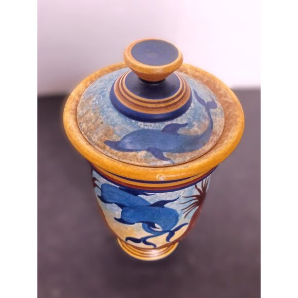 Vintage Minoan Style Pottery Made in Greece Dolphin Ocean Motif Urn Pot with Lid - Picture 2 of 6